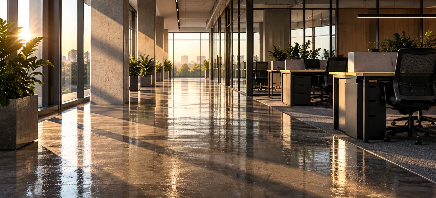 Photograph of an empty open-plan office corridor at first light, the floor still damp after cleaning. Editorial photograph, not this company's work or premises.