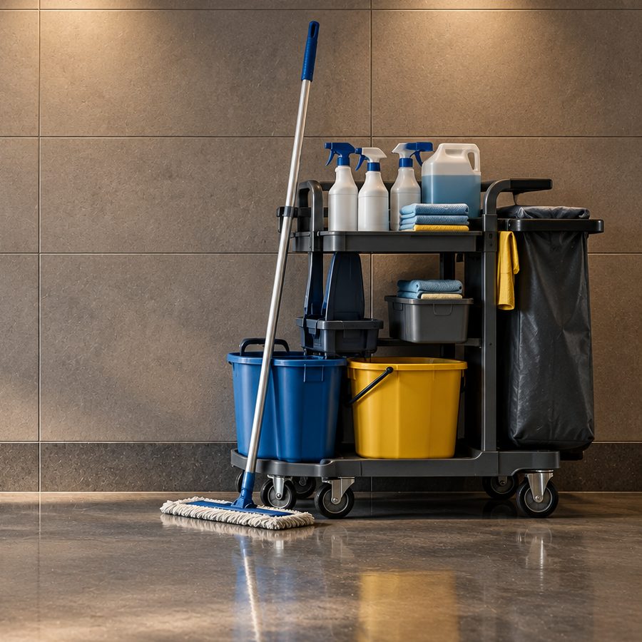Photograph of a janitorial trolley with mop, buckets and folded cloths standing against a tiled wall. Editorial photograph, not this company's equipment.